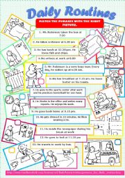 English Worksheet: DAILY ROUTINES. Practice present simple (+  -  ?) . Organize the sequence of actions into a paragraph. Linking words. Write questions for the answers. Write the time. 