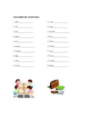 English worksheet: Classroom Object Word Scramble