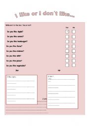 English worksheet: I like or I dont like...