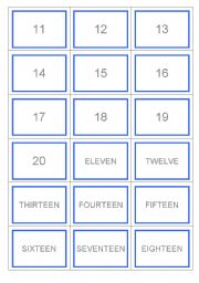 English Worksheet: Memory game; numbers 11 to 20