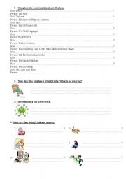 English worksheet: personal information describing peoples clothes describing monsters, talking about actions in progress