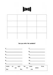 English worksheet: Numbers 1-12, bingo sheet and writing exercise