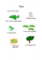 English worksheet: Review of the colour green and simple sentence structure using easy vocabulary.
