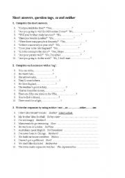 English Worksheet: Short answers, question tags, so and neither