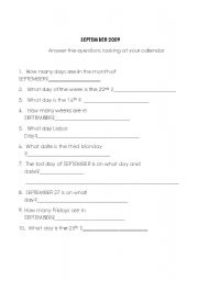 English Worksheet: September Questions