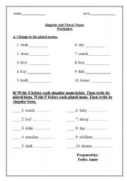 English worksheet: Singular and plural nouns