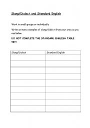 English worksheet: Slang - Standard English conversion table