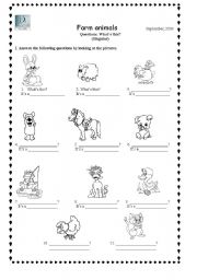 English Worksheet: Farm animals/Singular question: Whats this?