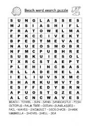 English Worksheet: beach word search puzzle