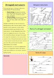 English Worksheet: stringed instruments + label the parts + answer key