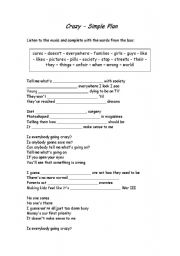 English Worksheet: Crazy - Simple Plan