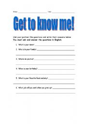 English worksheet: ESL Get to know me exercise