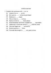 English worksheet: Indefinite articles exercises