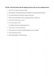 English worksheet: Simple Present and Present Continuous