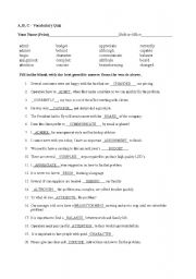 English worksheet: A, B, C - VOCABULARY QUIZ - ANSWER KEY