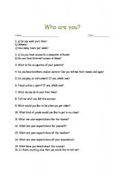 English worksheet: Who are you activity- Good for the first day of school