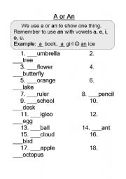 English worksheet: a or an