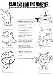 English Worksheet: Read ,find and colour the monsters