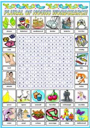 English Worksheet: THE PLURAL OF NOUNS - WORDSEARCH (B&W VERSION INCLUDED)