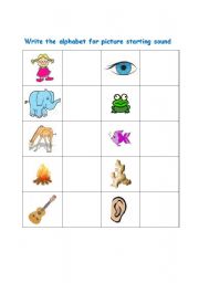 English worksheet: Write the alphabet for picture starting sound-E-F-G