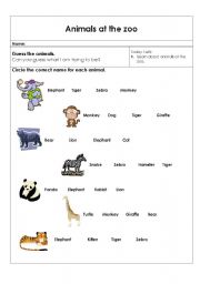 English Worksheet: Animals At The Zoo