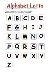 English Worksheet: Alphabet Lotto Game  (Alphabet and 12 Lotto Cards)