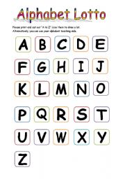 English worksheet: Alphabet Lotto Game  (Alphabet and 12 Lotto Cards)