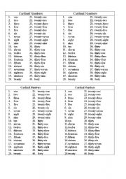 English worksheet: Cardial numers