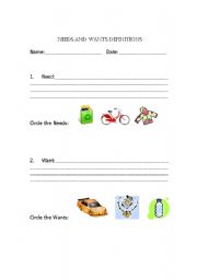 English Worksheet: Needs and Wants