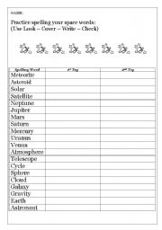 English worksheet: Space theme spelling words and flashcards