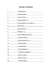 English worksheet: getting to know you
