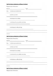 English worksheet: Getting to know you in 3 minutes