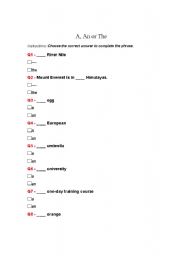 English Worksheet:  a an the