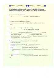 English Worksheet: PRESENT SIMPLE, PRESENT CONTINUOUS, PAST SIMPLE, WILL/WONT, BE GOING TO