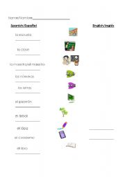 English Worksheet: Early ESL school words - very easy - Spanish/English