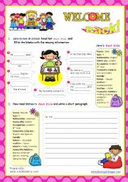 English Worksheet: Back to school  -  Prewriting (sentence completing) + Writing (a short paragraph) + Speaking activity (presenting their work)