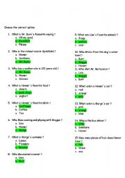 English worksheet: The Simpsons Multiple choice 30 questions ANSWER