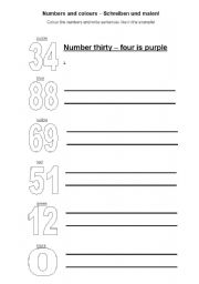 English worksheet: Colours and numbers - writing and painting!