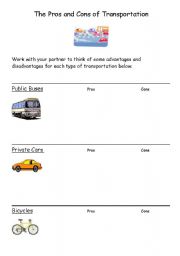English worksheet: The Pros and Cons of Transportation