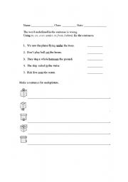 English worksheet: Prepositions, in on under over infront behind