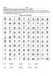 English Worksheet: sight word word search
