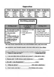 English Worksheet: opposites , How to invite , reported speech exercise 