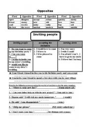 English worksheet: opposites , How to invite , reported speech exercise 