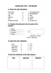 English worksheet: the resume