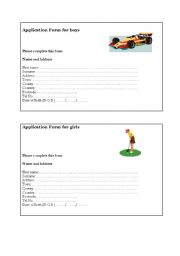 English worksheet: Application form for boys and girls