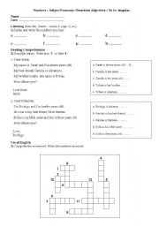 English Worksheet: Numbers, Subject Pronouns and Possessive Adjectives, To be -singular-
