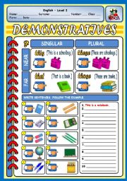 English Worksheet: DEMONSTRATIVES & CLASSROOM OBJECTS