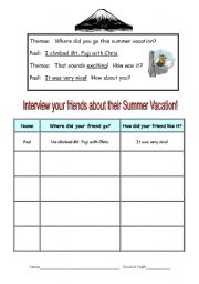 English worksheet: Where did you go this summer vacation? - Interview Speaking activity using simple past tense.  Expressing feelings/emotions