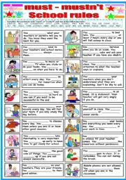 English Worksheet: MUST-MUSTN�T-SCHOOL RULES-(B&W VERSION INCLUDED)