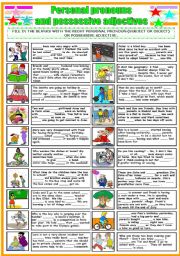 English Worksheet: PERSONAL PRONOUNS AND POSSESSIVE ADJECTIVES (B&W VERSION INCLUDED)